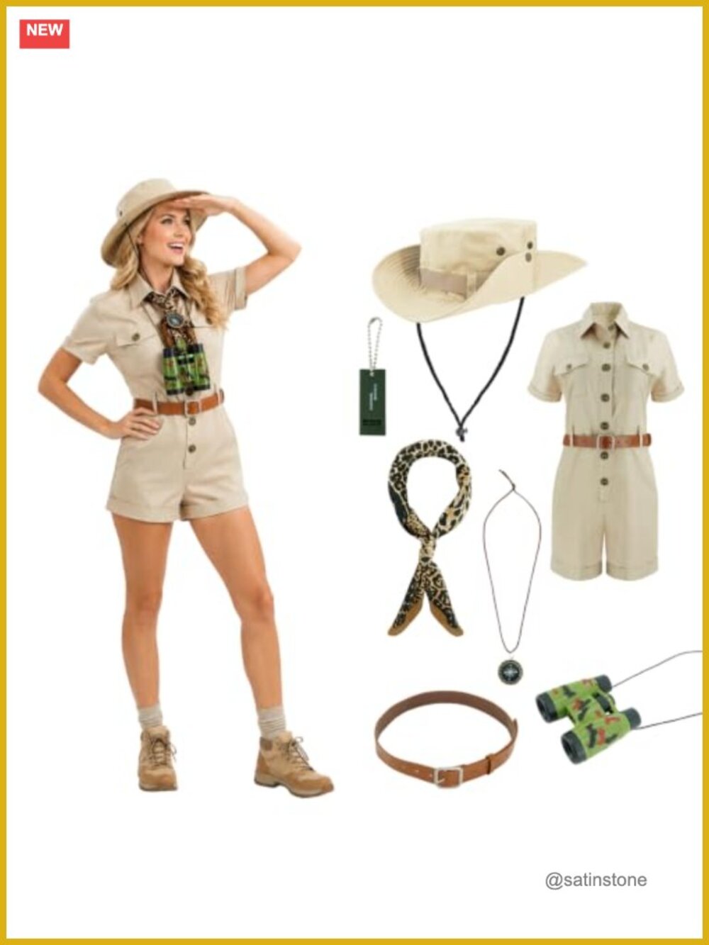 7 Pc Women's Safari Costume Set Zookeeper Jumpsuit Hat Scarf Belt